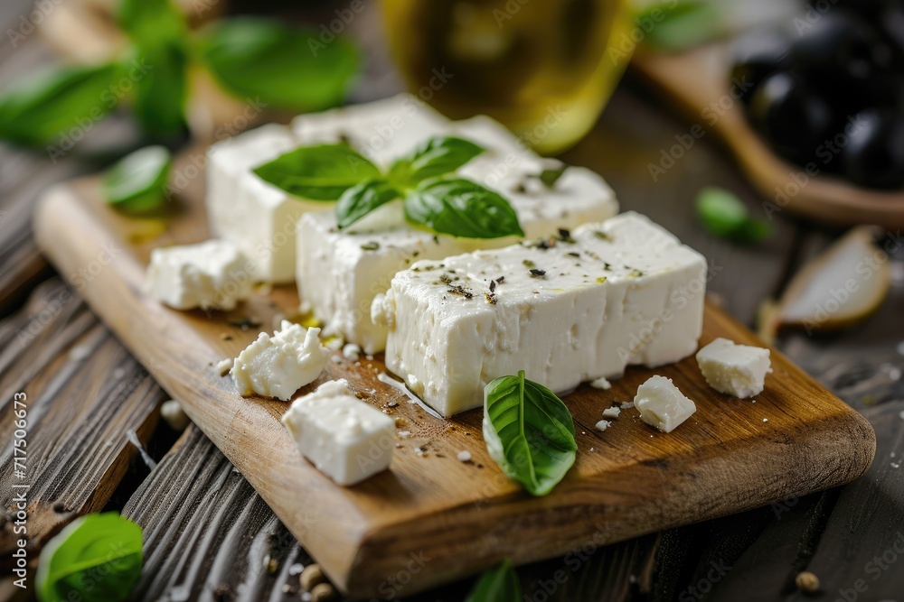 Famous Greek cheese Feta with olives basil on bamboo board