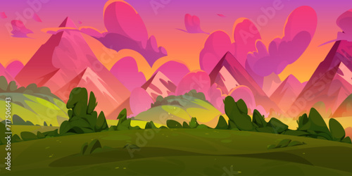 Summer sunset or sunrise natural landscape with green grass, bushes and trees on meadow in foot of high mountains under pink evening or morning sky. Cartoon vector scenery with grassland near hills.