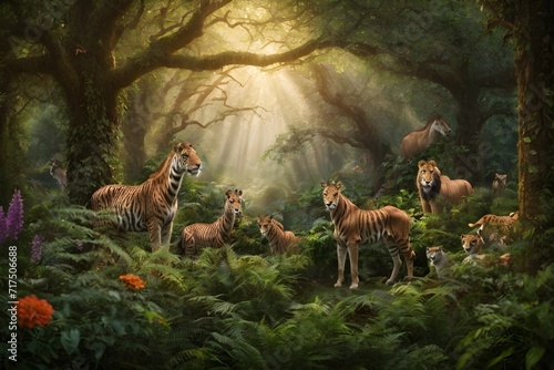 Dangerous Wildlife day Lions and Tigers Predators in a beautiful Jungle Rainforest forest scene photo