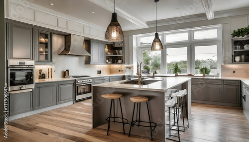 Beautiful kitchen detail in new luxury home. Features island, pendant lights, hardwood floor. Generative AI. © hanifa