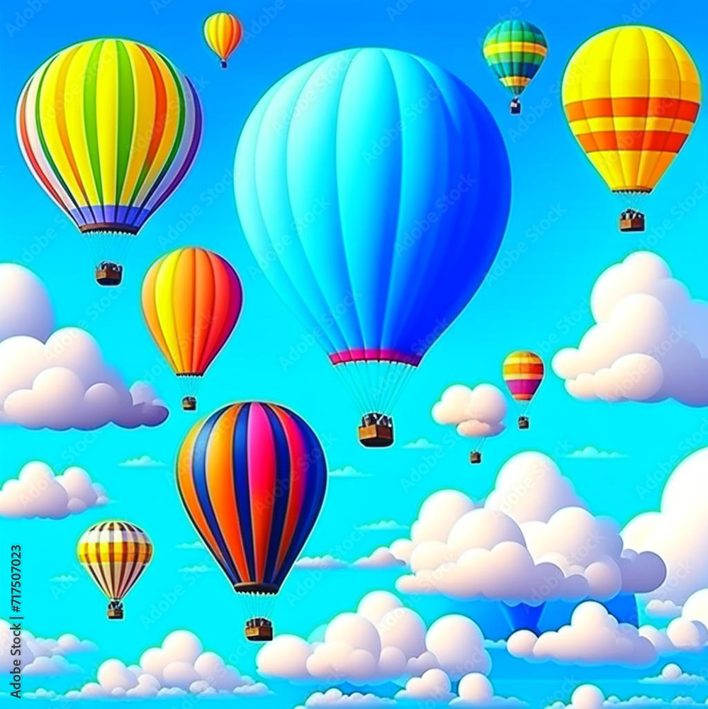 Fototapeta premium Beautiful fantasy hot air balloons against a blue sky and clouds.