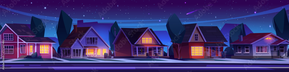 Night dark suburban landscape with house in row on street with light in windows, trees and yards, road and driveway. Cartoon vector town scenery with modern neighborhood cottages under moonlight. Night dark suburban landscape with house in row on street with light in windows, trees and yards, road and driveway. Cartoon vector town scenery with modern neighborhood cottages under moonlight.