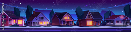 Night dark suburban landscape with house in row on street with light in windows, trees and yards, road and driveway. Cartoon vector town scenery with modern neighborhood cottages under moonlight.