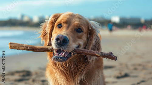 Playful pet golden retriever on sandy beach with a stick in its' mouth ready to play fetch