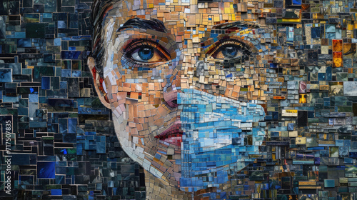 Controversial and political mosaic illustration of the close-up of a woman wearing only half of a protective mask during covid photo