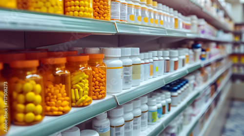 bottles of pills and medication on pharmacy shelf photo