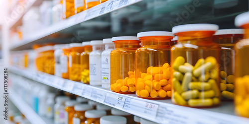 bottles of pills and medication on pharmacy shelf