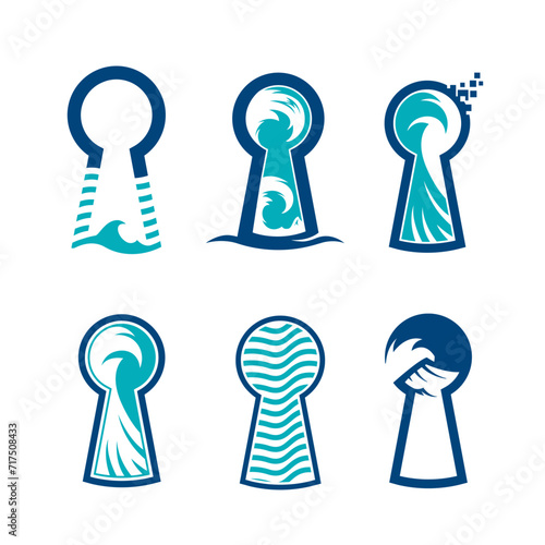 Keyhole logo with ocean waves inside. Best for travel agencies and Businesses related to discovering nature. Blue sea company logo for unlocking opportunities. 