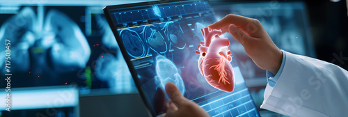 Cardiologist doctor examine patient heart functions and blood vessel on virtual interface. Medical technology and healthcare treatment to diagnose heart disorder and disease of cardiovascular system photo