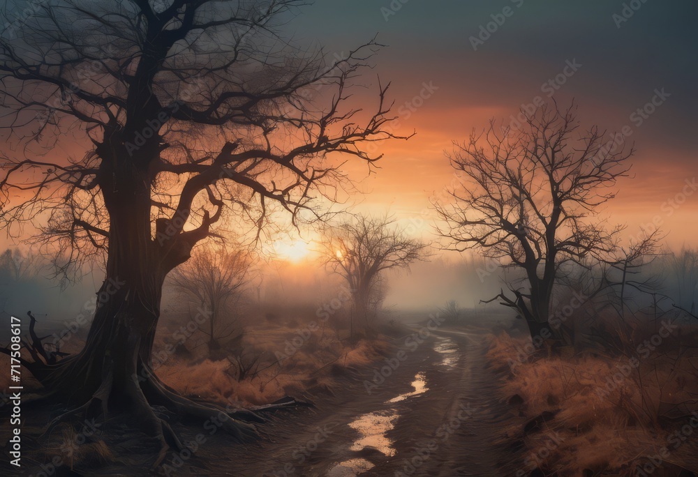 Scorched earth with dirt walking track, path through burnt landscape after bushfire, forest fire