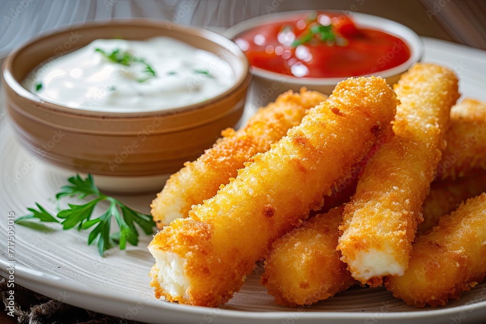 Mozzarella cheese sticks with tartar and tomato sauces on a plate Mozzarella cheese sticks with tartar and tomato sauces on a plate