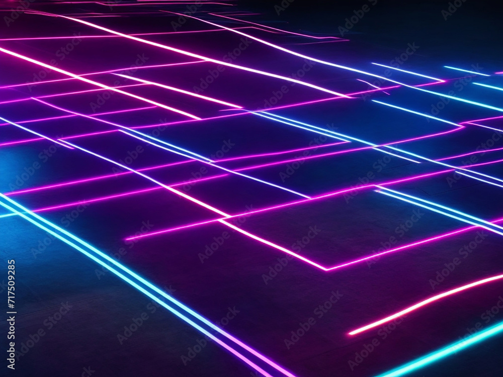 3d render. Abstract panoramic background of curvy dynamic neon lines glowing in the dark room with floor reflection. 