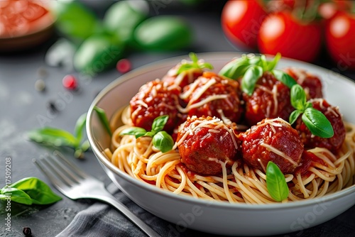 Italian pasta dish with meatballs and tomato sauce