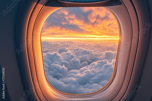 Travel and air transportation symbolized by sunset view through airplane window