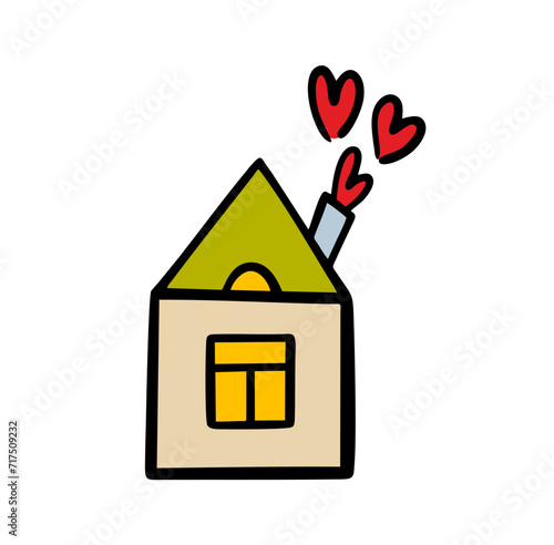 Cartoon house with window. Smoke in shape of hearts is coming out of chimney. Cozy family nest with love. Vector illustration of private building, real estate. Isolated on white background.