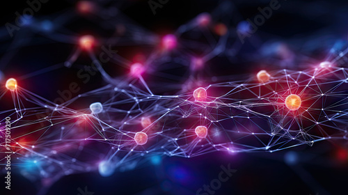 Neural network 3D illustration. Big data and cybersecurity. Data stream. Global database and artificial intelligence. Bright, colorful background with bokeh effect 