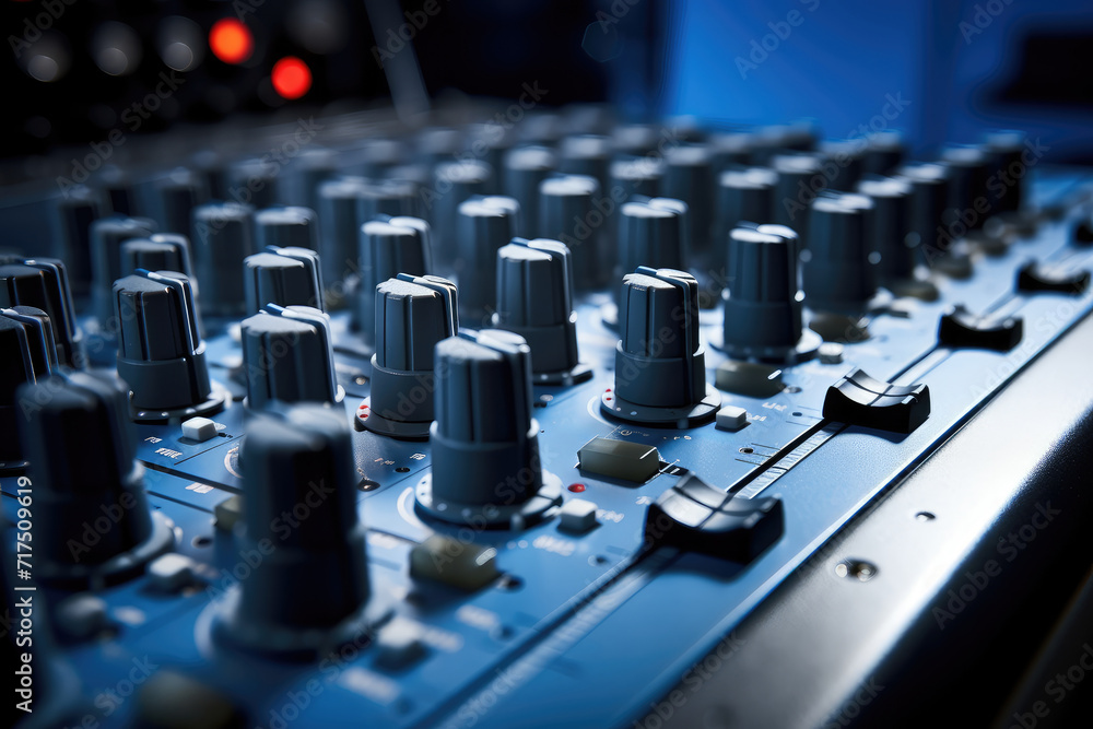 Broadcasting and Television Center: Sound Mixer with Knobs and Buttons in Recording Studio Broadcasting and Television Center: Sound Mixer with Knobs and Buttons in Recording Studio