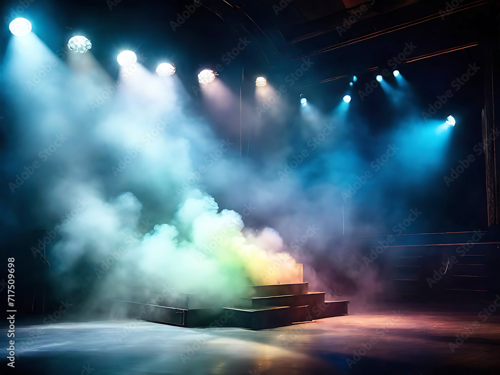 concert stage with colorful spotlight and smoke. generative AI	