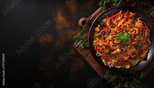 Top view of korean food in black frying pan with vegetables and spices decoration on dark surface. Red cooked asian food in a iron skillet on black background with copy space for text. Generative AI. photo