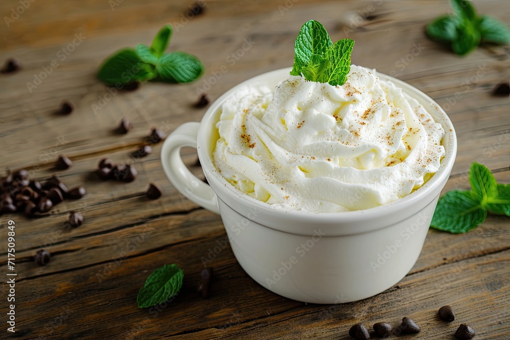 Peppermint leafs in cup of ceramic with whipped cream Peppermint leafs in cup of ceramic with whipped cream