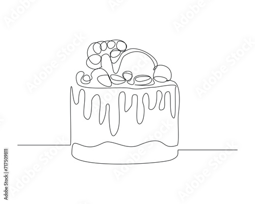 Continuous single line sketch drawing of birthday tart cake. One line art of delicious dessert bread cake surprise decoration happy day vector illustration