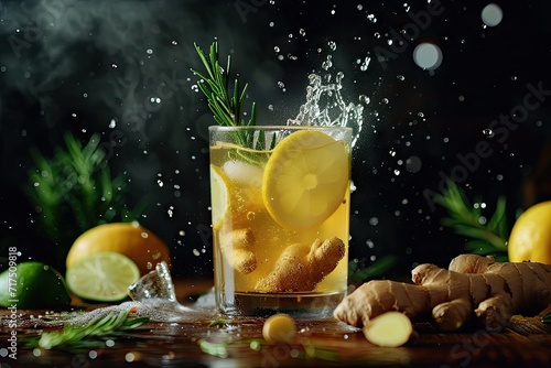 Lemonade hovering with ginger glass by ginger root lime and rosemary