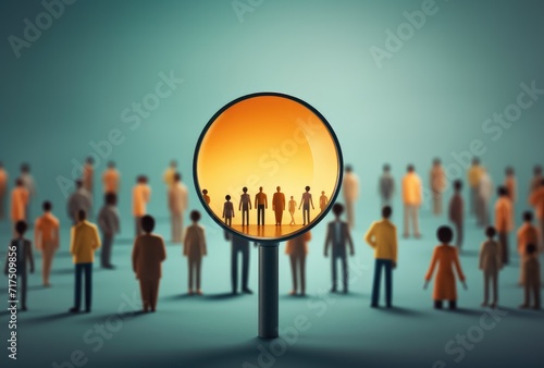 Focused Crowd Analysis: Magnifying Glass on People in Vibrant Orange Background photo