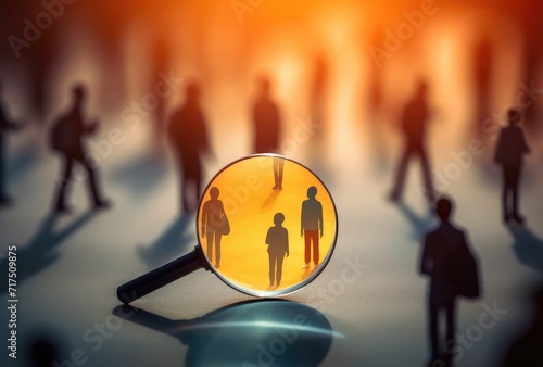 Crowd Magnified: Orange Background Examined Through a Magnifying Glass photo