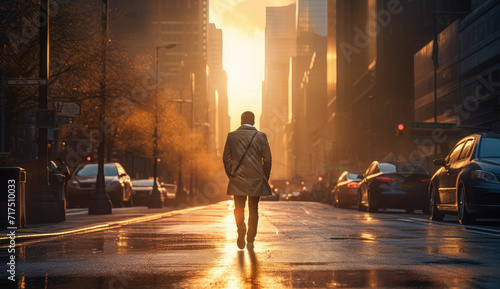 City Adventurer  Male Explorer Walking on Urban Streets at Sunset