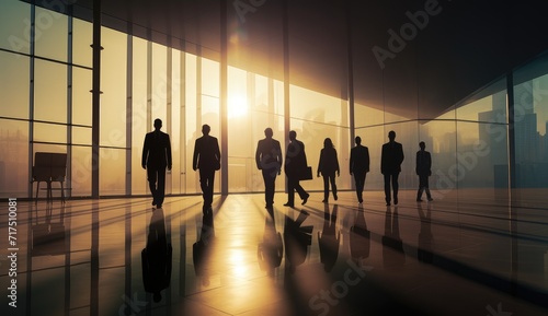 Some business people are walking in a building against the light