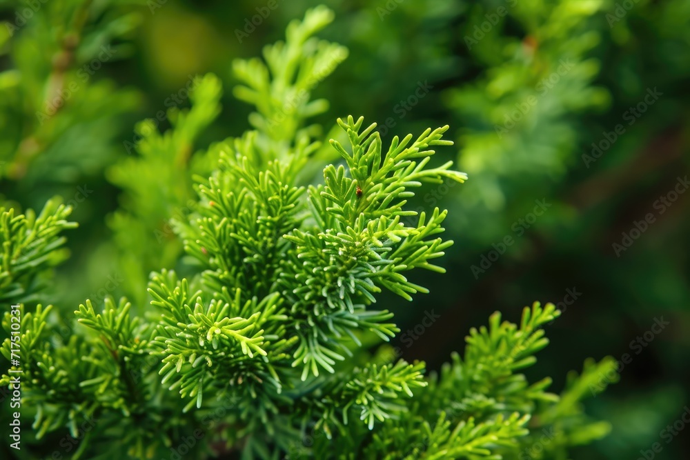 Selective focus on a beautiful green coniferous plant s close up branch Selective focus on a beautiful green coniferous plant s close up branch