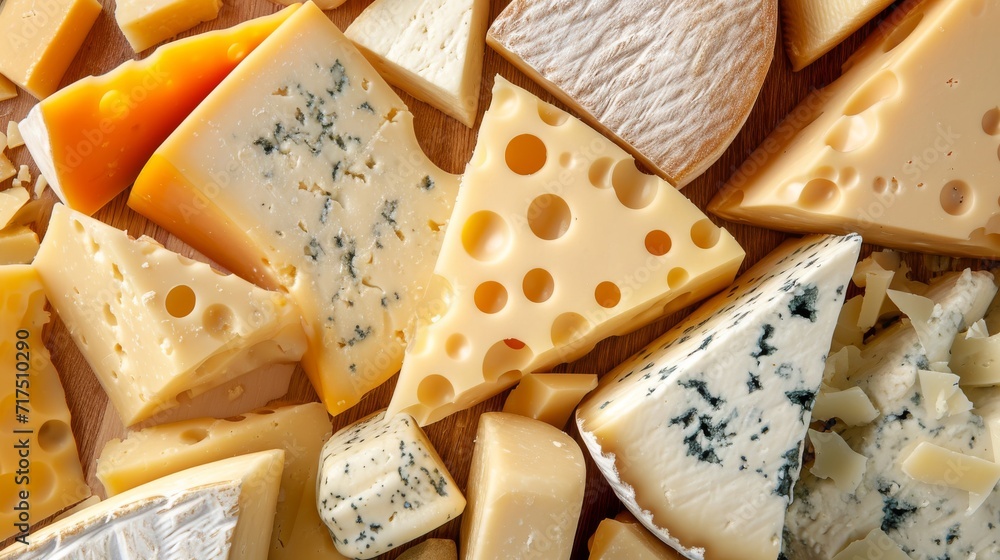 background of many different pieces of cheese background of many different pieces of cheese