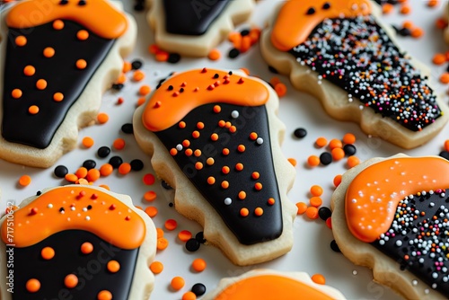 Halloween cookies shaped like coffins decorated with orange and black icing and seasonal sprinkles