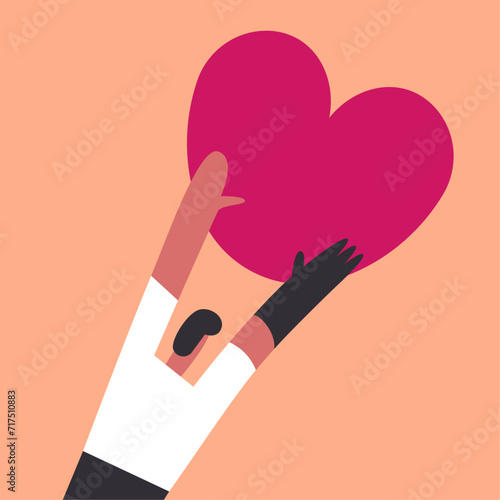 Celebrating Valentine's Day for people with disabilities. Man with a prosthetic arm holds a big heart. Flat vector illustration.