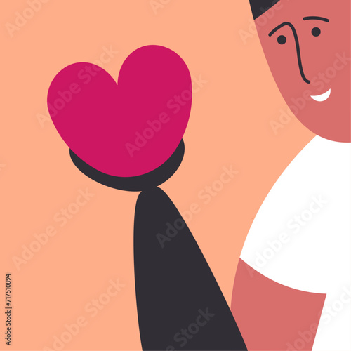 Disabilities Valentine's Day. Man with a prosthetic arm holds a heart. Flat vector illustration.