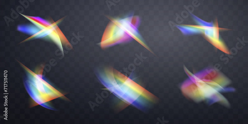 Blurred rainbow refraction overlay effect. Light lens prism effect on bright background. Holographic reflection, crystal flare leak shadow overlay. Vector abstract illustration.