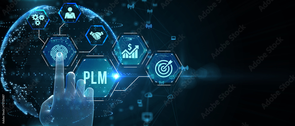 PLM Product lifecycle management system technology concept. Technology, Internet and network concept. 3d illustration - obrazy, fototapety, plakaty 