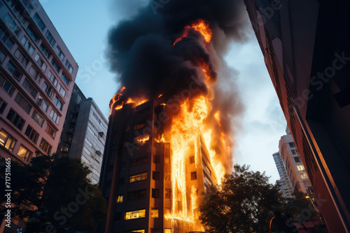A high-rise residential building is on fire