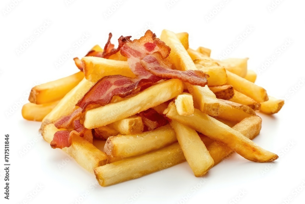 French fries topped with bacon and cheese on a plain backdrop French fries topped with bacon and cheese on a plain backdrop