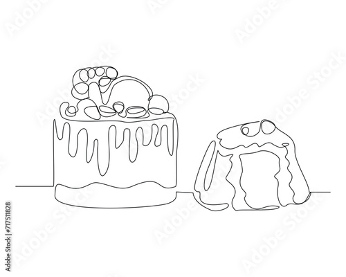 Continuous single line sketch drawing of birthday tart cake and panna cotta pudding. One line art of delicious dessert pudding jelly bread cake surprise decoration happy day vector illustration