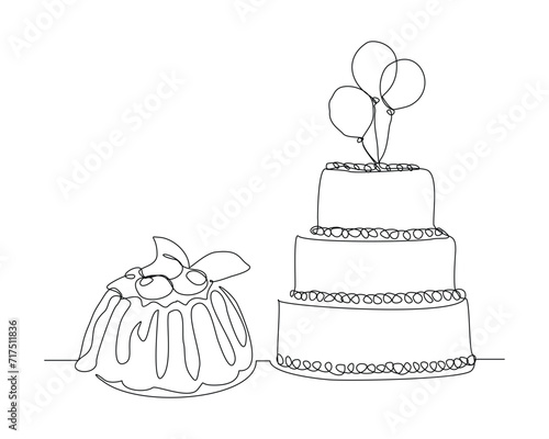 Continuous single line sketch drawing of birthday tart cake and panna cotta pudding. One line art of delicious dessert pudding jelly bread cake surprise decoration happy day vector illustration