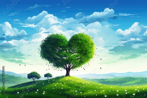 A big tree in the shape of a love heart is on the hillside, in front of the background of blue sky and white clouds