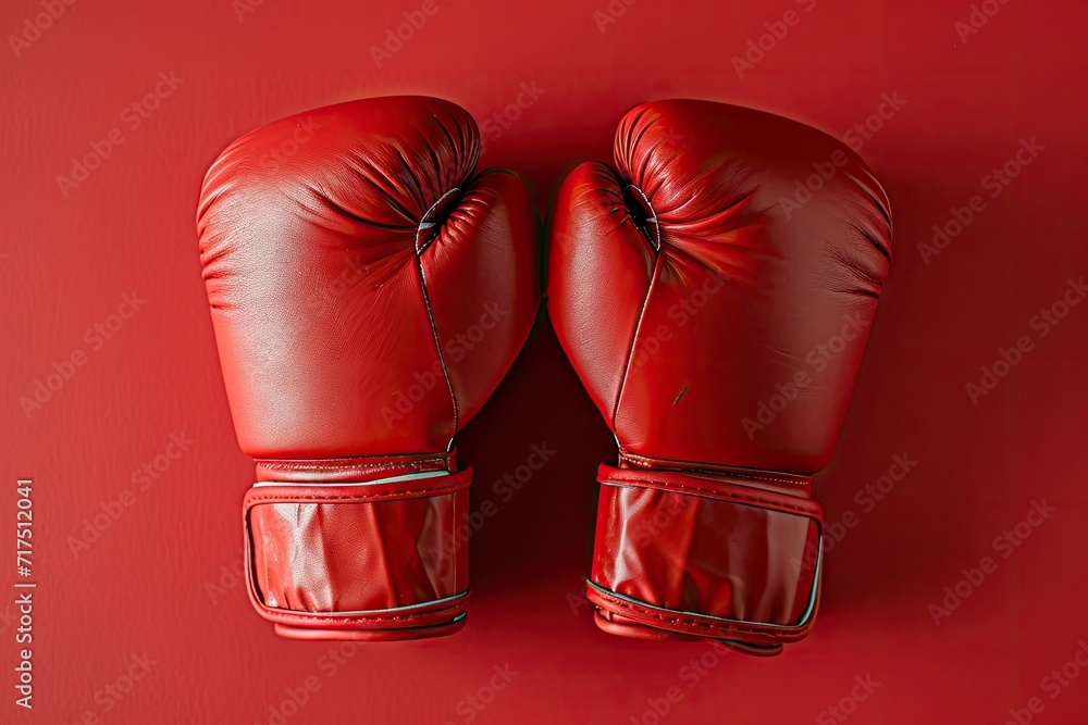Minimal design of red boxing gloves on a red background Flat lay