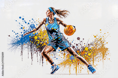 Young woman basketball player with ball. Abstract grunge background. Girl playing basketball. 