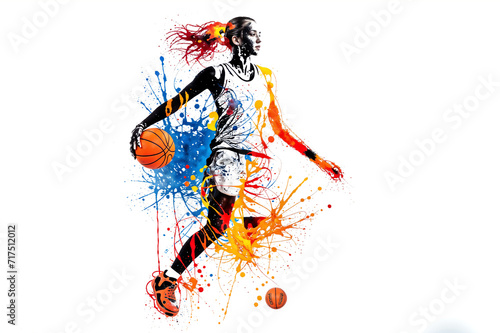 Young woman basketball player with ball. Abstract grunge background. Girl playing basketball. 