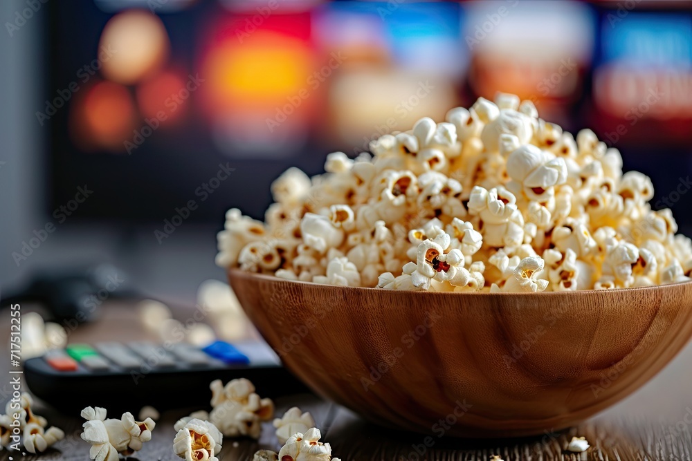 Watching a movie or TV series at home in the cozy evening with a wooden popcorn bowl and remote control next to the TV Watching a movie or TV series at home in the cozy evening with a wooden popcorn bowl and remote control next to the TV
