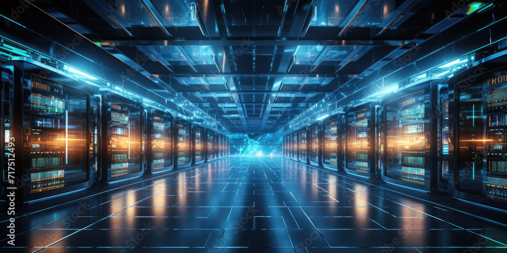 Shot of Data Center With Multiple Rows of Fully Operational Server Racks. Modern Telecommunications, Cloud Computing, Artificial Intelligence, Database, Super Computer Technology Concept. Shot of Data Center With Multiple Rows of Fully Operational Server Racks. Modern Telecommunications, Cloud Computing, Artificial Intelligence, Database, Super Computer Technology Concept.