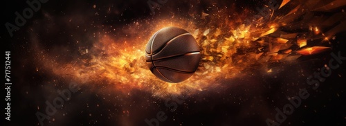 A basketball engulfed in fiery flames, creating a visually intense and dynamic scene.