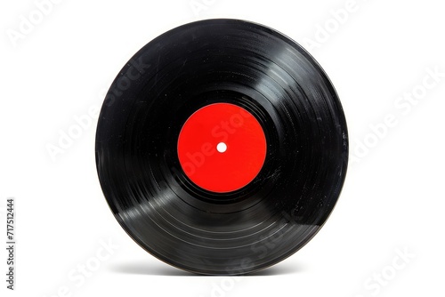 Red label on isolated old black vinyl record photo