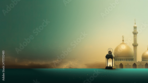 green and gold islamic background, with mosque and lantern